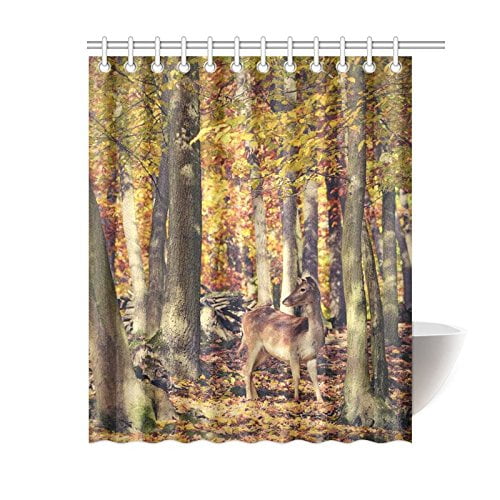 Autumn Forest Deer Scenery Shower Curtain Set Waterproof Polyester Fabric Hooks